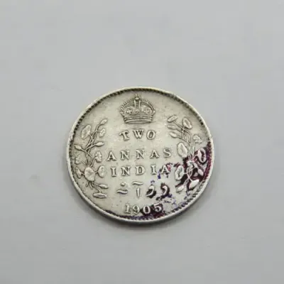 British India 1905 Silver 2 Annas - some ink stains