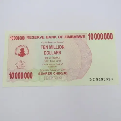Zimbabwe Bearer cheque 1 Jan 2008 $10 000 000 (D-Series) - Uncirculated - ZW 90