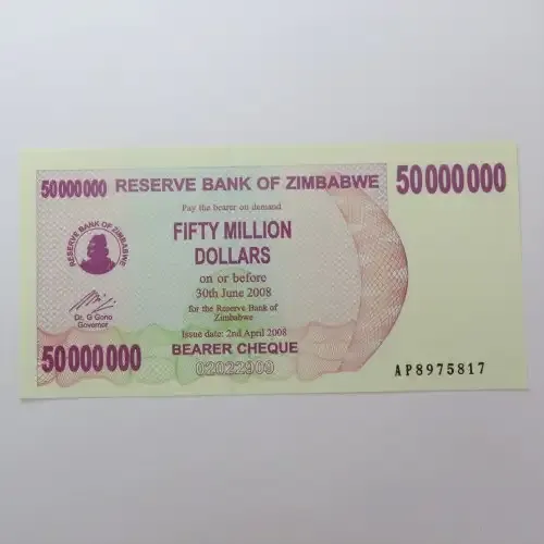 Zimbabwe $50000000 bearer cheque 2 April 2008 uncirculated ZW 92
