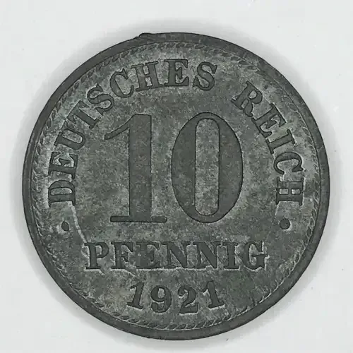 1921 German 10 Pfennig - error coin - zinc residue on rim - AU