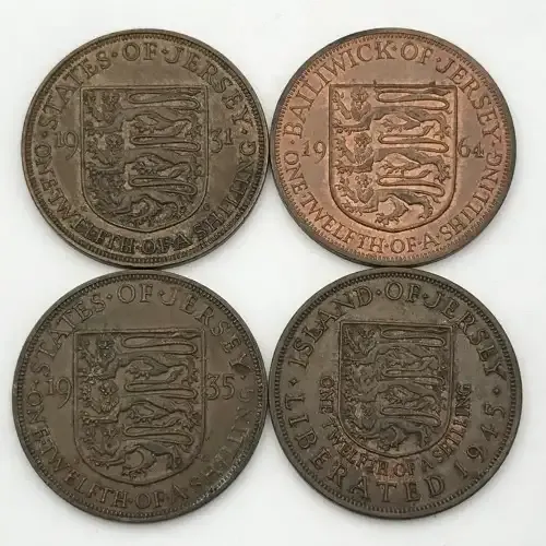 Lot of 4 x 1/12th of a shilling Jersey coins - 1931, 1935, 1945 and 1964