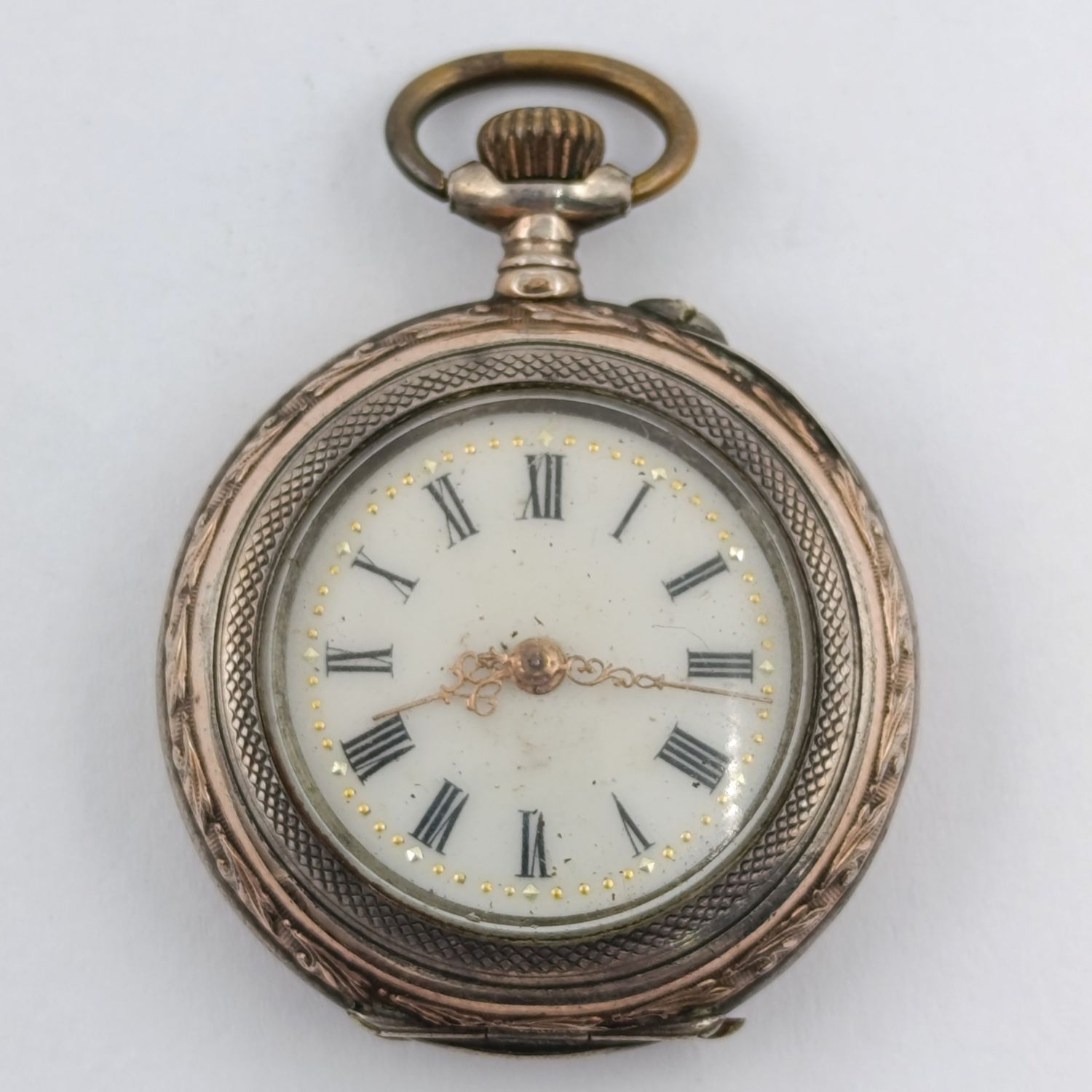 Antique 800 Silver ladies pocketwatch with gold decoration - runs and stops