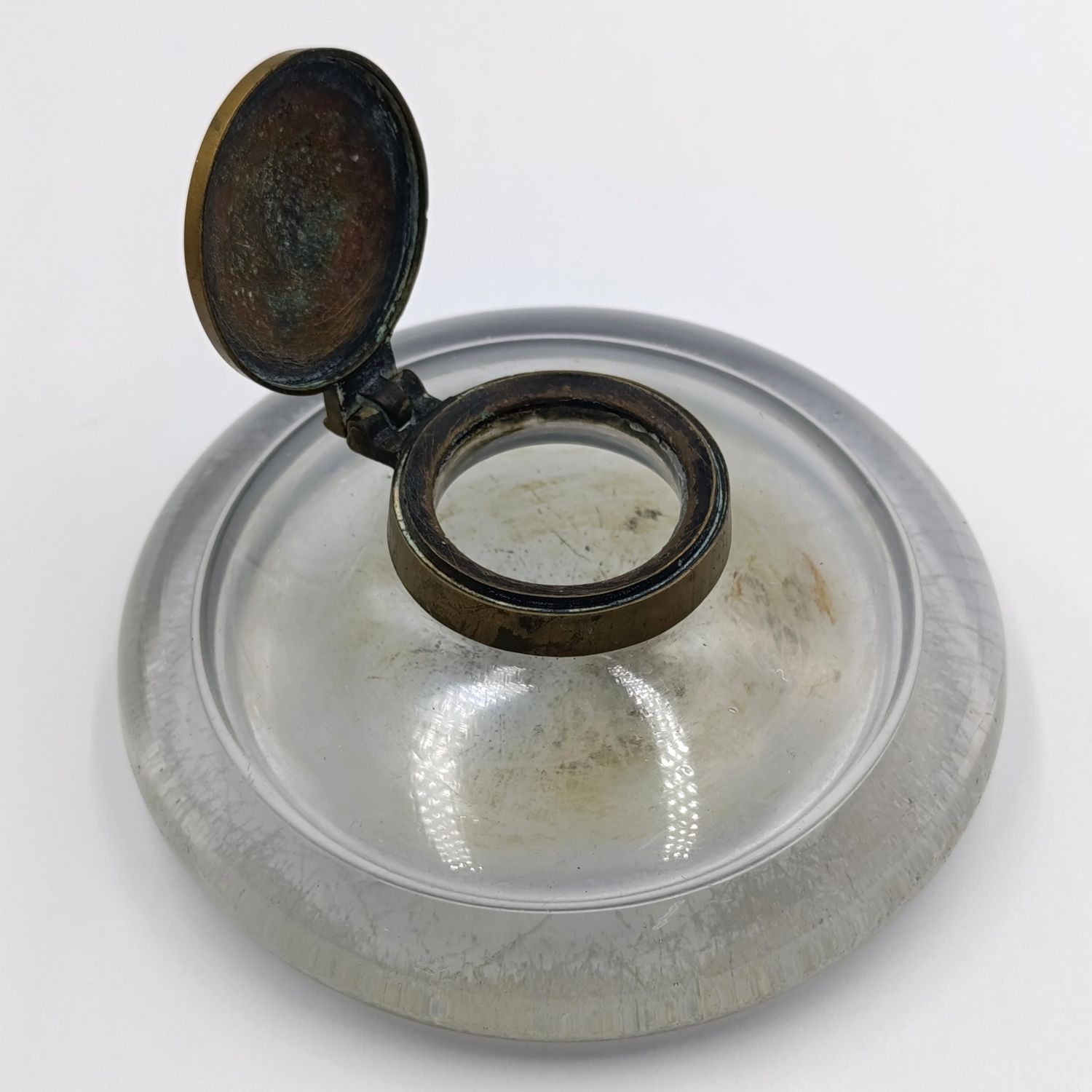 Antique lead glass inkwell with copper lid