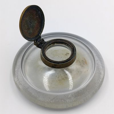 Antique lead glass inkwell with copper lid