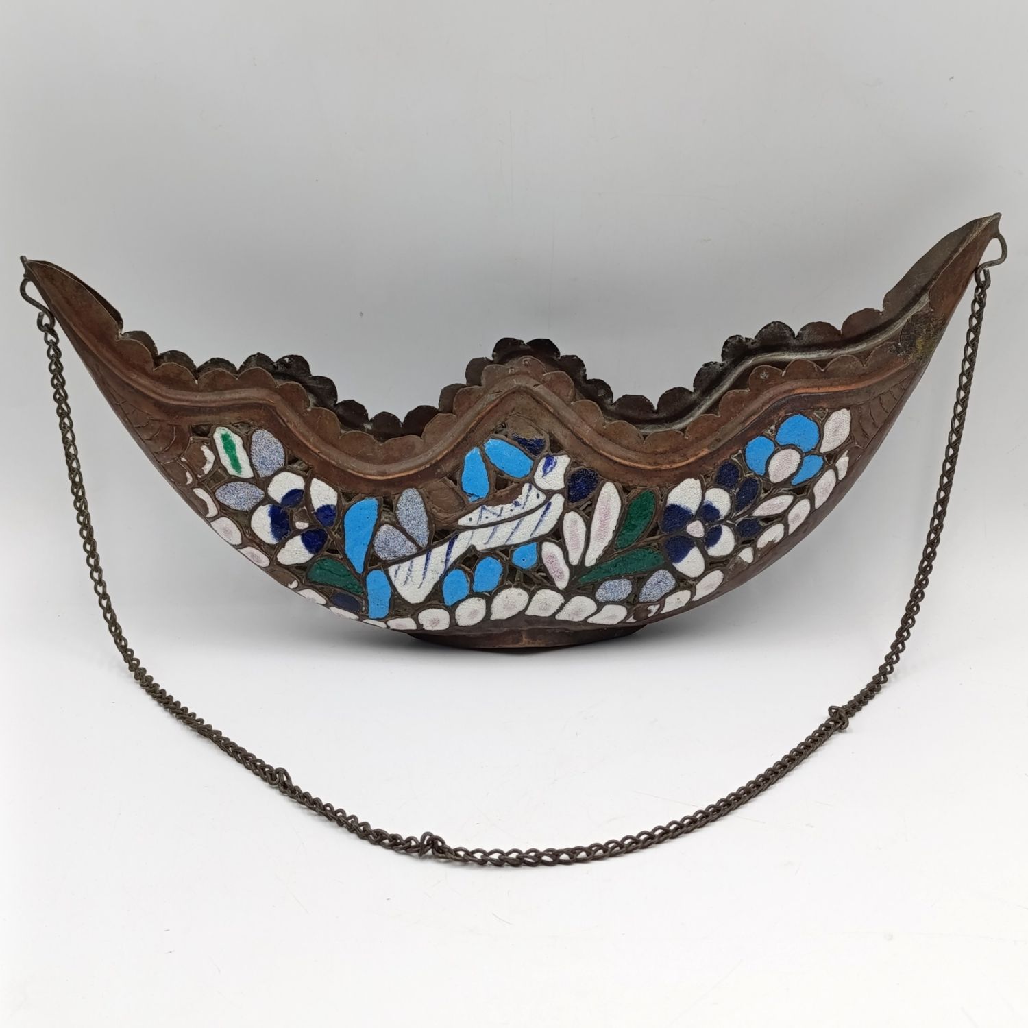 Antique Copper and enamel flower basket