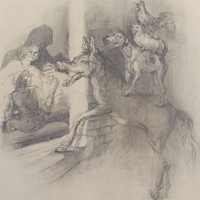 Original Cora Coetzee pencil sketch of the musicians of Bremen