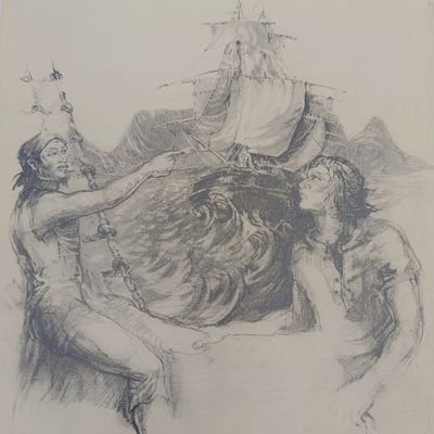 Original Cora Coetzee pencil sketch of the Flying Dutchman