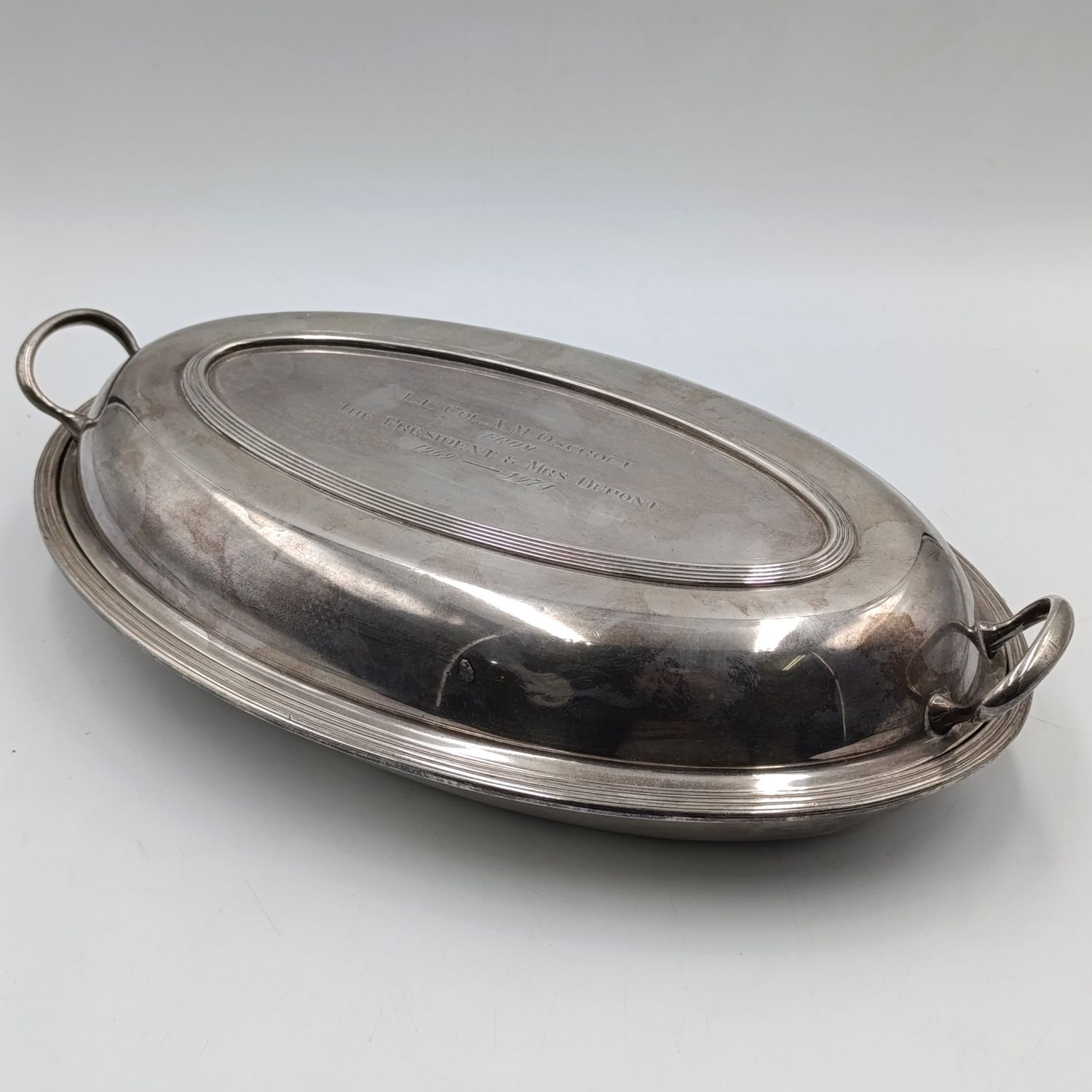 Vintage Rhodesian silverplated serving bowl with lid given to Lt. Col. A.M Oscroft by The President and Mrs. DuPont 1969-1974