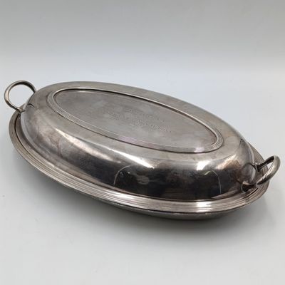 Vintage Rhodesian silverplated serving bowl with lid given to Lt. Col. A.M Oscroft by The President and Mrs. DuPont 1969-1974
