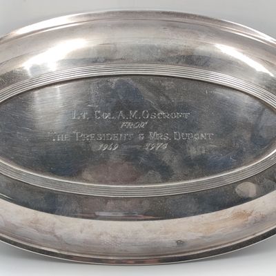 Vintage Rhodesian silverplated serving bowl with lid given to Lt. Col. A.M Oscroft by The President and Mrs. DuPont 1969-1974