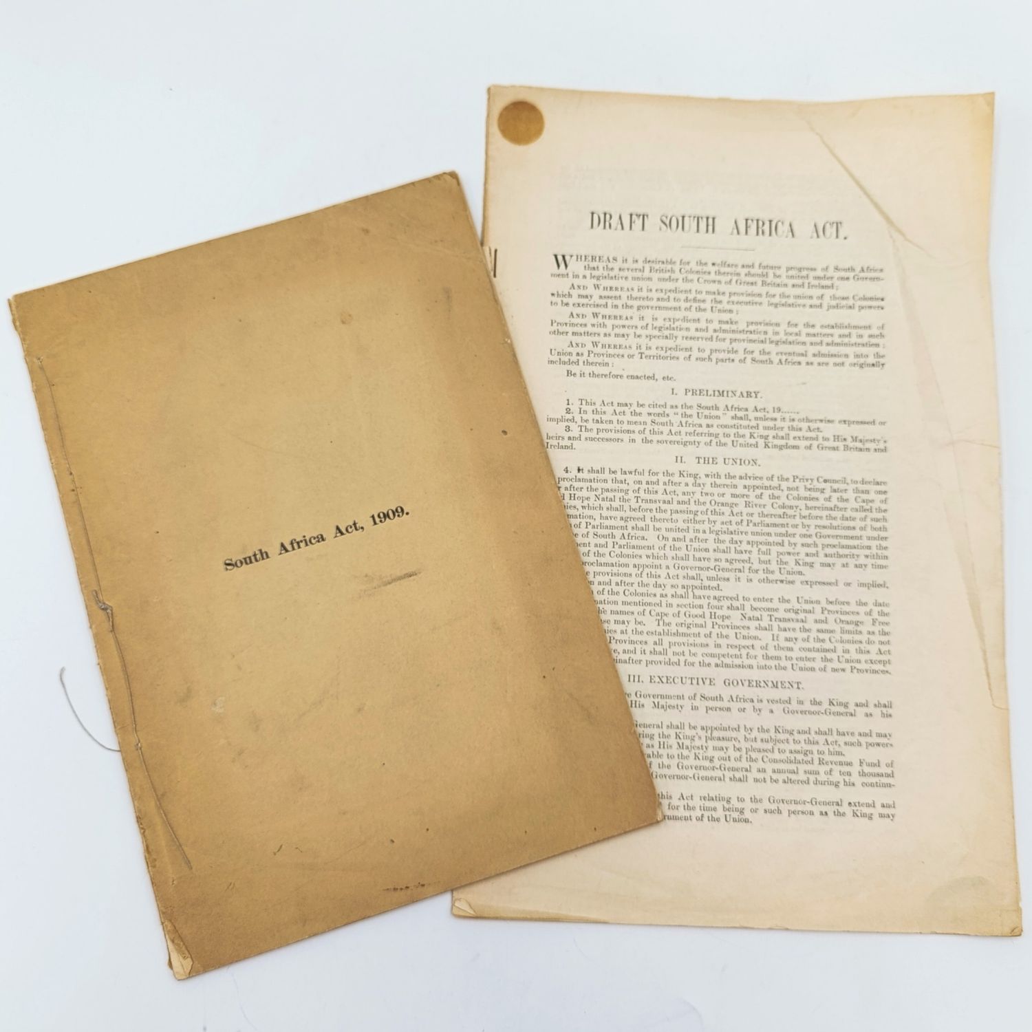 1909 South Africa Act Booklet plus Draft South Africa Act issued earlier - original