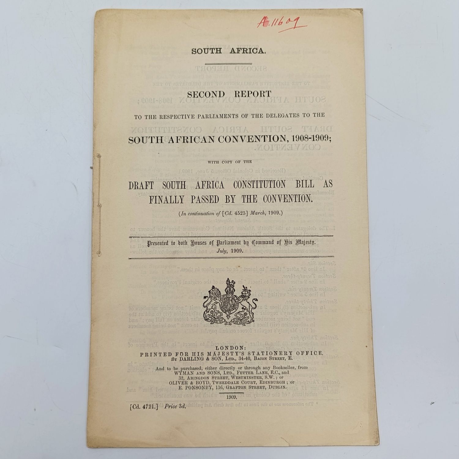 South Africa Second Report to parliaments of delegates to the 1908/9 South African convention with copy of the Draft South Africa constitution Bill 1909