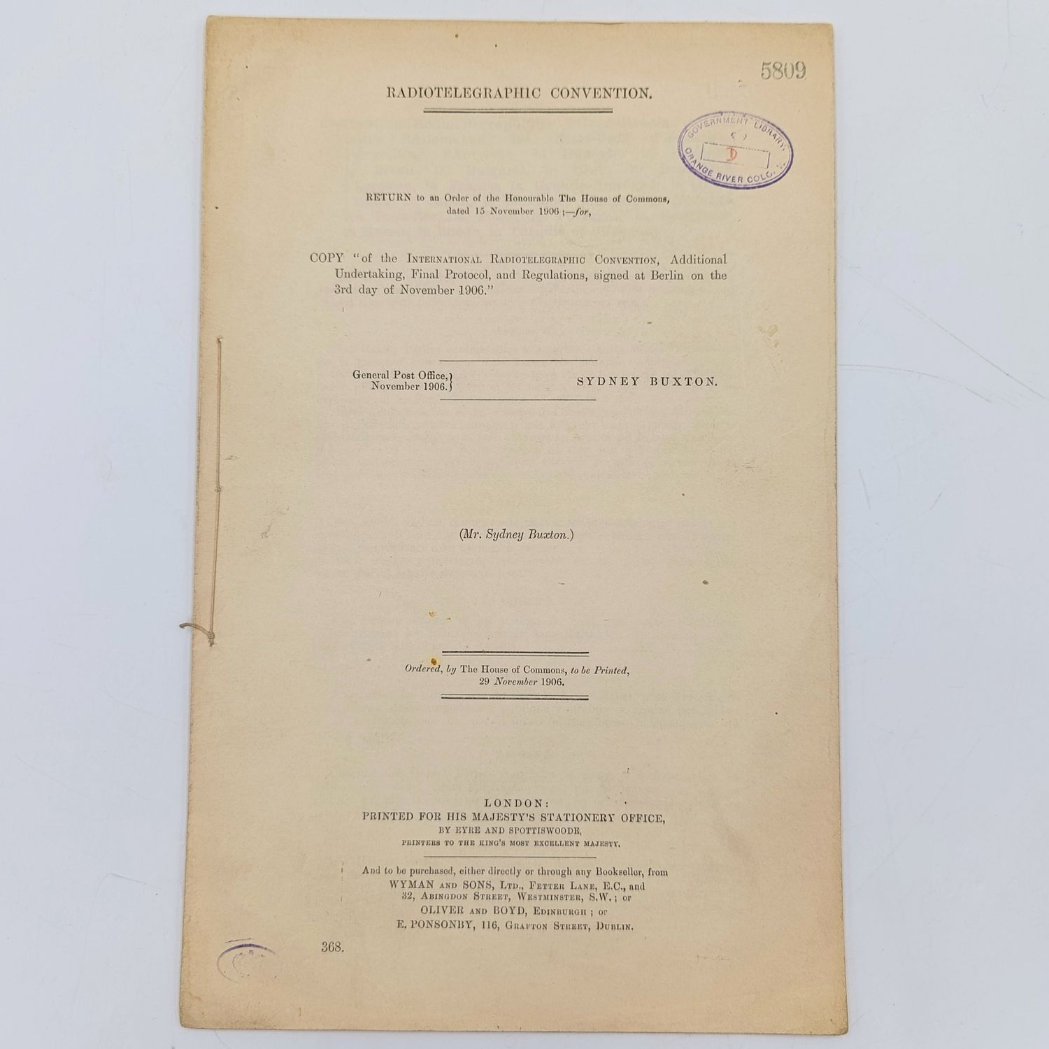 1906 Radiotelegraphic Convention document ordered by the House of Commons and signed at Berlin 1906