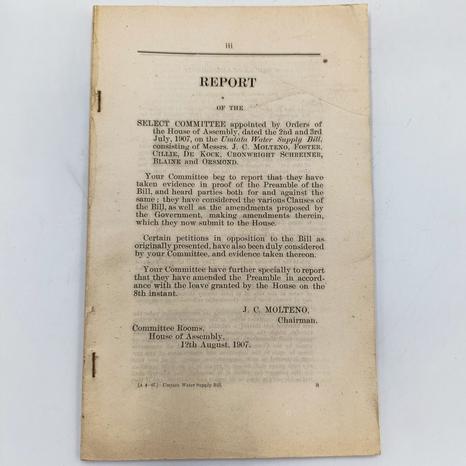 1907 Report of the Select commitee on the Umtata water supply Bill - no cover
