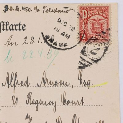 1938 postcard sent from Panama to Johannesburg, South Africa with Panama 2c stamp and number 2 cancel
