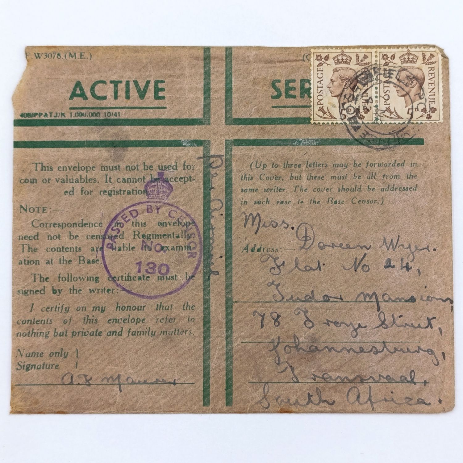 WW2 Active Service letter cover - passed by censor 130 - sent through Field Post Office 550 (Palestine) - 2 British stamps