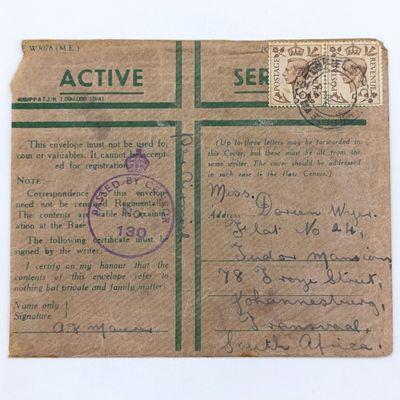 WW2 Active Service letter cover - passed by censor 130 - sent through Field Post Office 550 (Palestine) - 2 British stamps