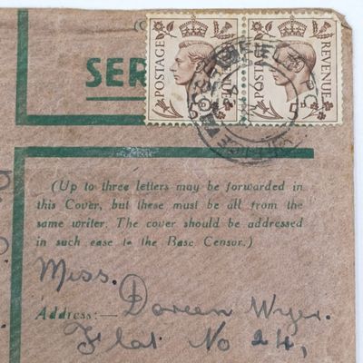 WW2 Active Service letter cover - passed by censor 130 - sent through Field Post Office 550 (Palestine) - 2 British stamps