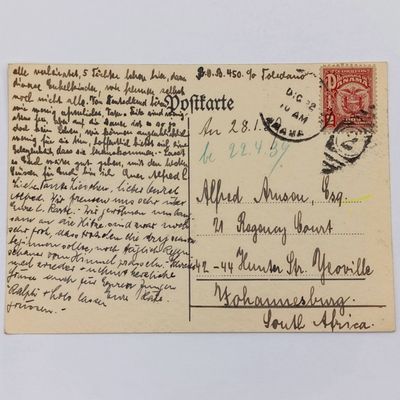 1938 postcard sent from Panama to Johannesburg, South Africa with Panama 2c stamp and number 2 cancel