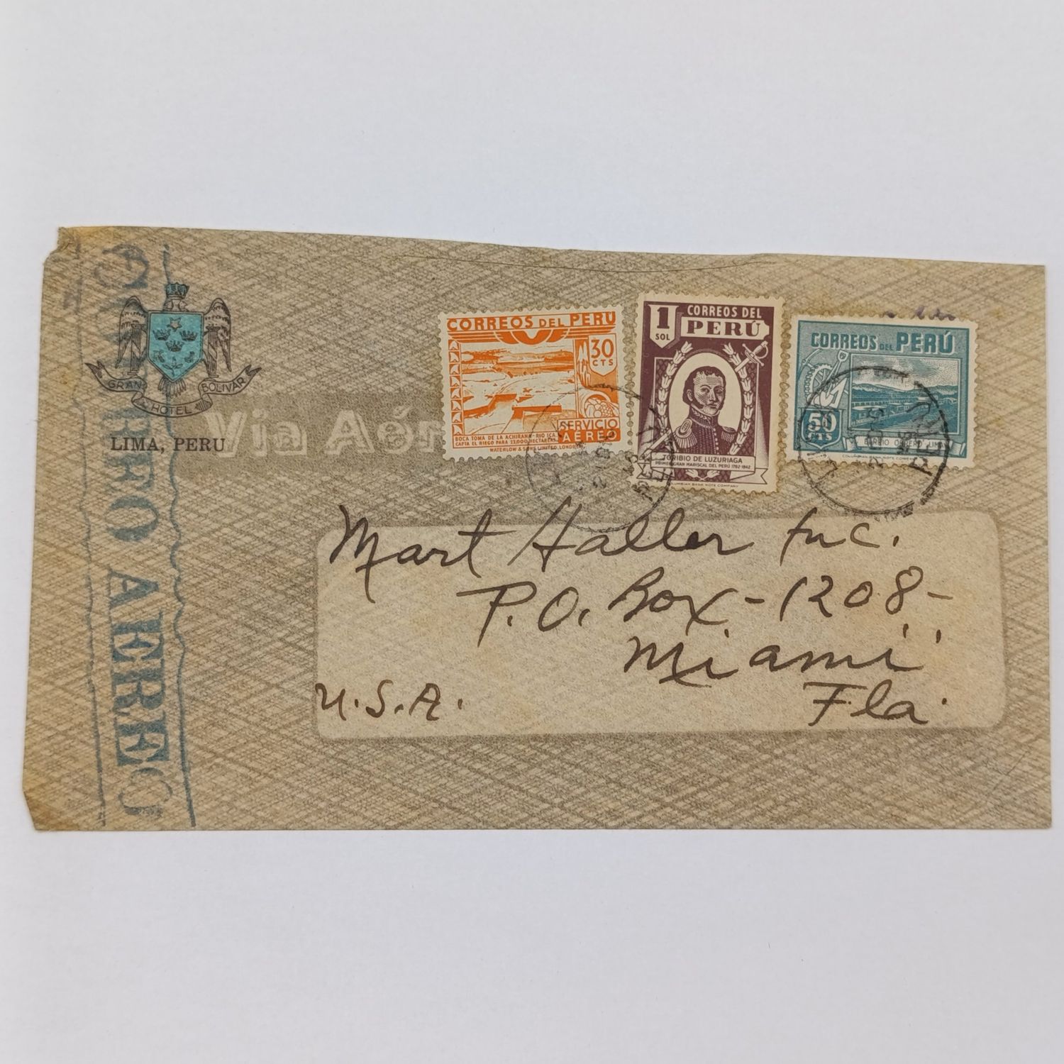 Peruvian airmail cover Peru to Miami, USA on Lima, Peru stationery with 3 colorful Peru stamps