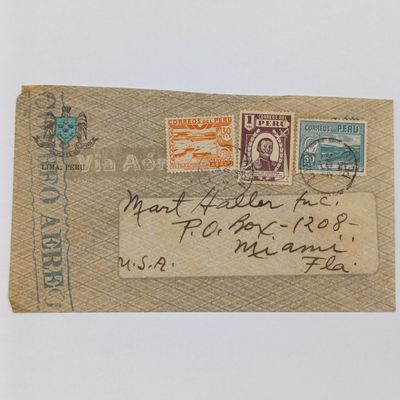 Peruvian airmail cover Peru to Miami, USA on Lima, Peru stationery with 3 colorful Peru stamps