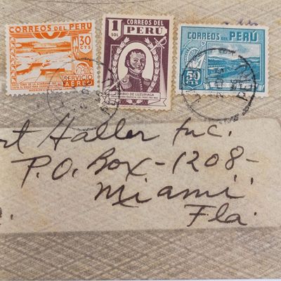 Peruvian airmail cover Peru to Miami, USA on Lima, Peru stationery with 3 colorful Peru stamps