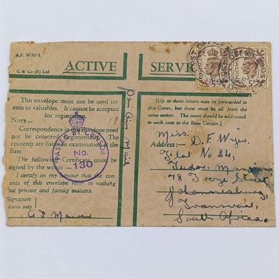 WW2 Letter with passed by censor 130 rubber stamp - sent in Active Service envelope through Field Post Office 55d (Palestine) to Johannesburg, South Africa