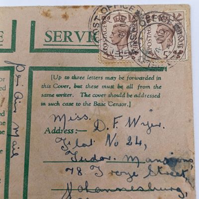 WW2 Letter with passed by censor 130 rubber stamp - sent in Active Service envelope through Field Post Office 55d (Palestine) to Johannesburg, South Africa