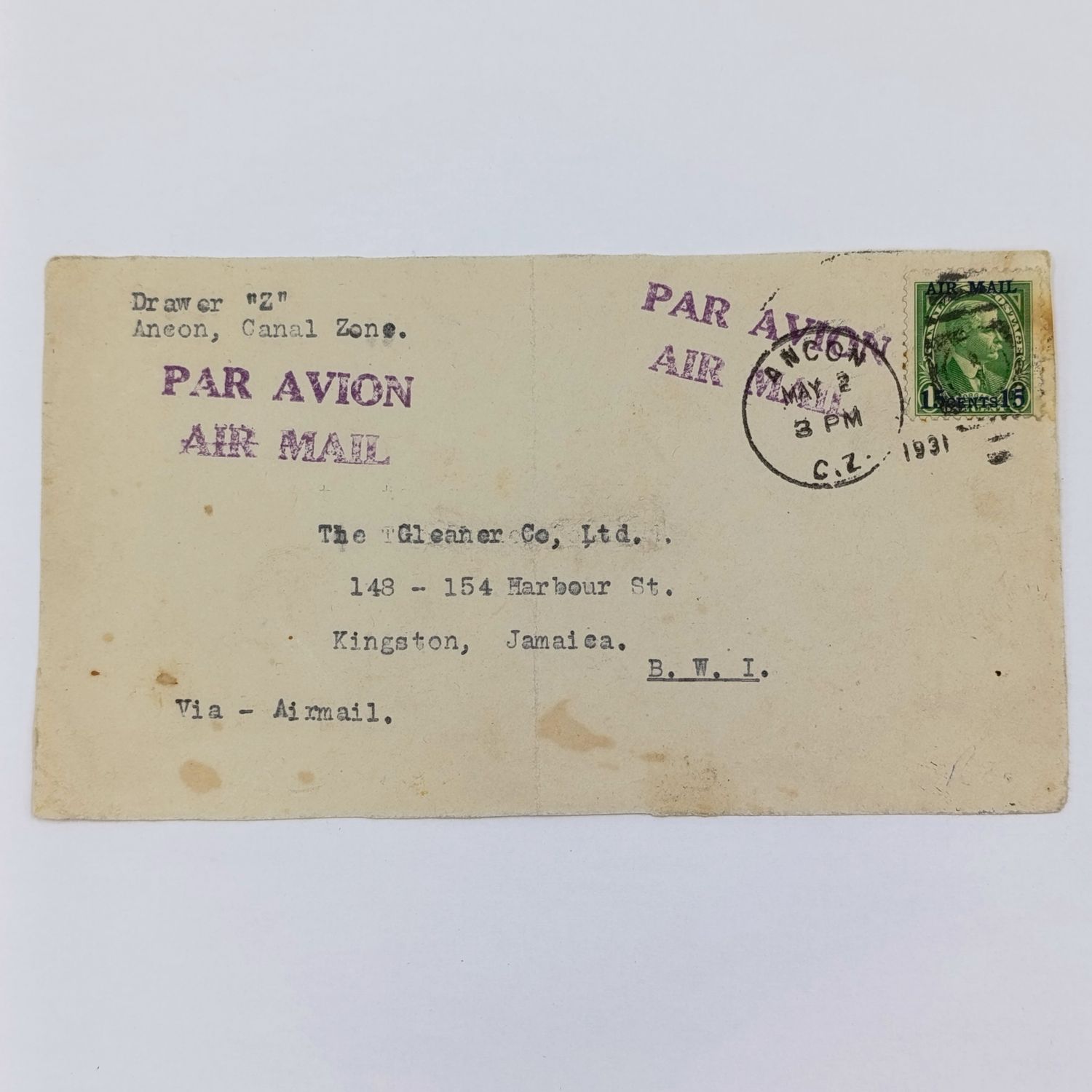 Airmail Front posted Aneon, Canal Zone to Kingstan, Jamaica with Type 11 Mich 80 stamp airmail overprint (scarce) cancelled 2 May 1931