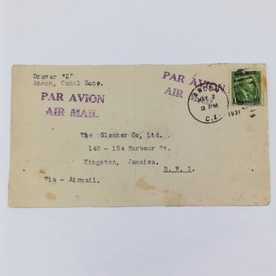 Airmail Front posted Aneon, Canal Zone to Kingstan, Jamaica with Type 11 Mich 80 stamp airmail overprint (scarce) cancelled 2 May 1931