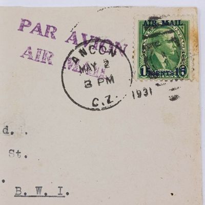 Airmail Front posted Aneon, Canal Zone to Kingstan, Jamaica with Type 11 Mich 80 stamp airmail overprint (scarce) cancelled 2 May 1931