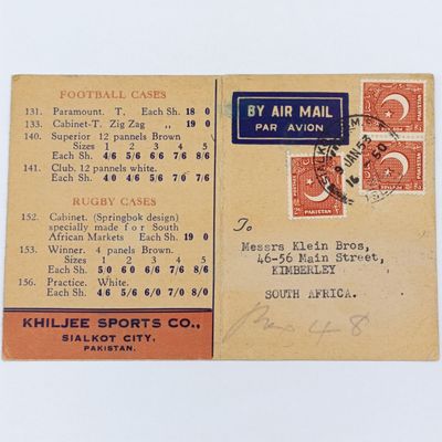 Pakistan Khiljee Sports Company advertising card specially for South Africa with 3 Pakistan stamps cancelled 1953 posted to Kimberley, South Africa