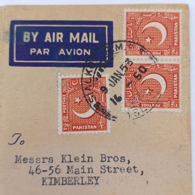 Pakistan Khiljee Sports Company advertising card specially for South Africa with 3 Pakistan stamps cancelled 1953 posted to Kimberley, South Africa