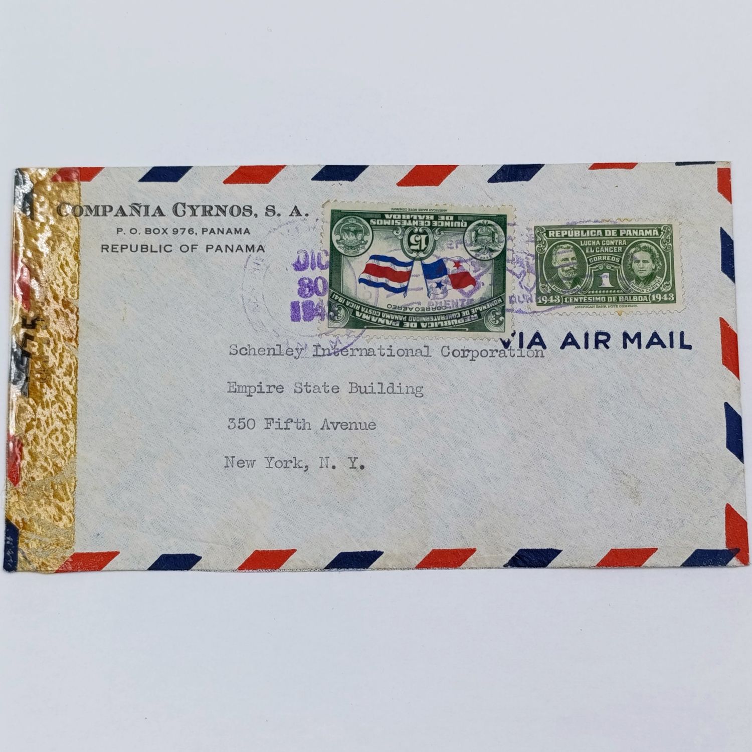 Airmail cover Panama to Empire State Building, New York - 2 panama stamps cancelled 1945 - examined by censor tape