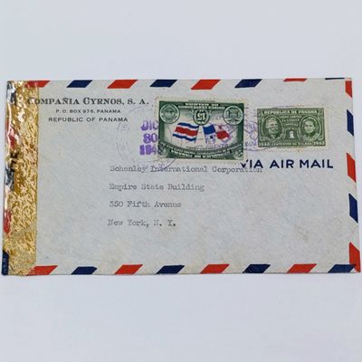 Airmail cover Panama to Empire State Building, New York - 2 panama stamps cancelled 1945 - examined by censor tape