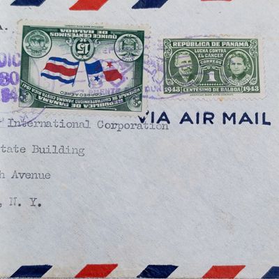 Airmail cover Panama to Empire State Building, New York - 2 panama stamps cancelled 1945 - examined by censor tape