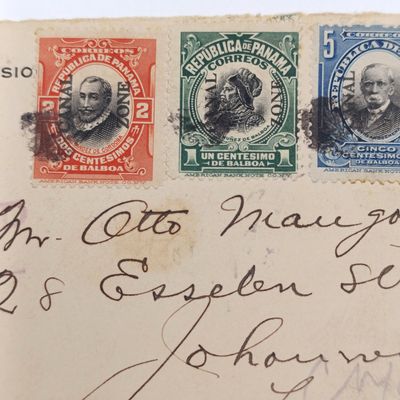 Panama Canal Zone cover to Johannesburg, South Africa - 1913 - registered and on ISTHMIAN CANAL COMMISSION Stationery - 4 colorful Cancel Zone stamps and various backstamps