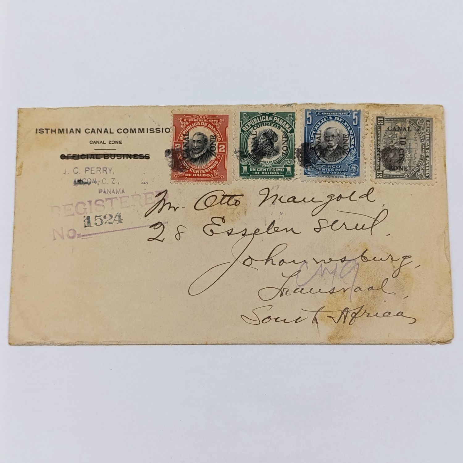 Panama Canal Zone cover to Johannesburg, South Africa - 1913 - registered and on ISTHMIAN CANAL COMMISSION Stationery - 4 colorful Cancel Zone stamps and various backstamps