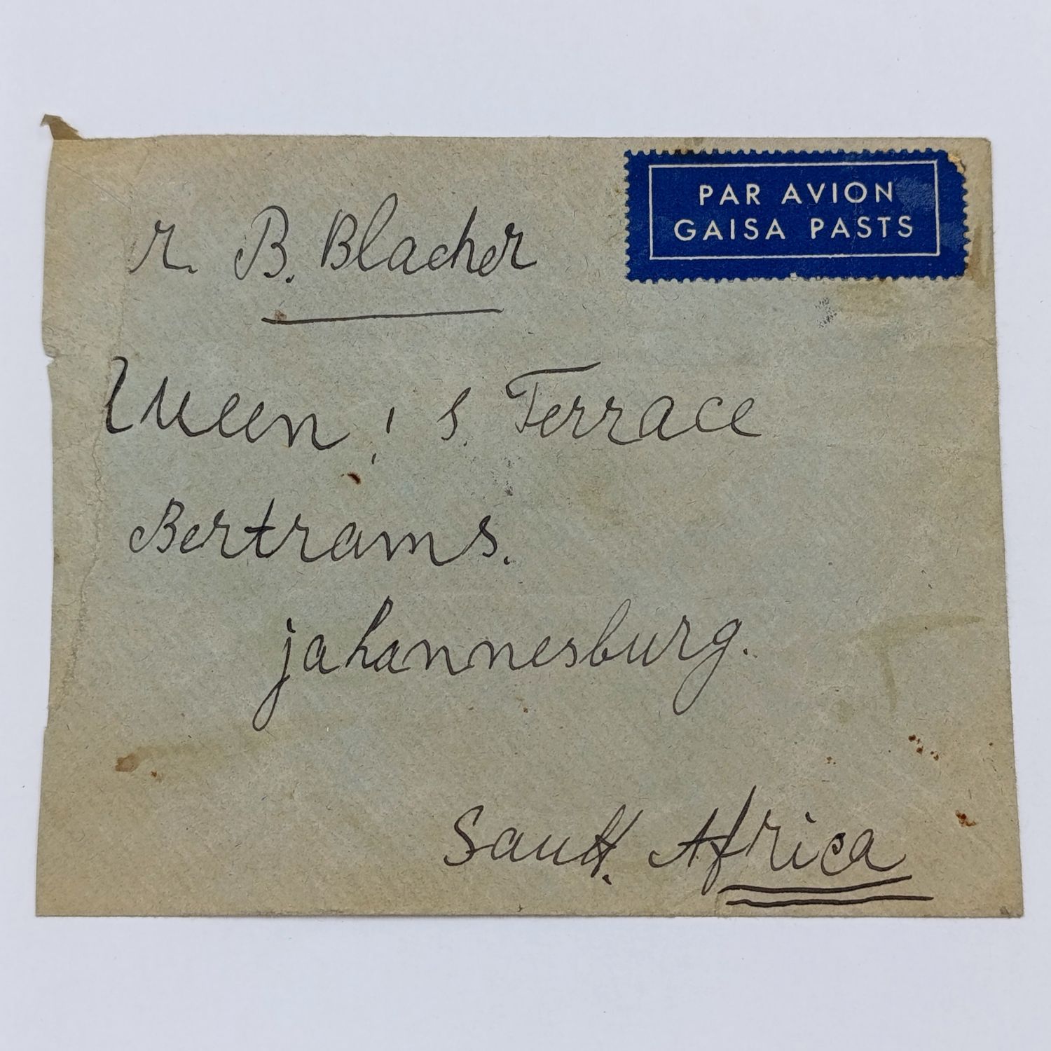 Wartime Latvian Airmail to South Africa - with 5 Latvian stamps cancelled 1940 - sent via Sweden