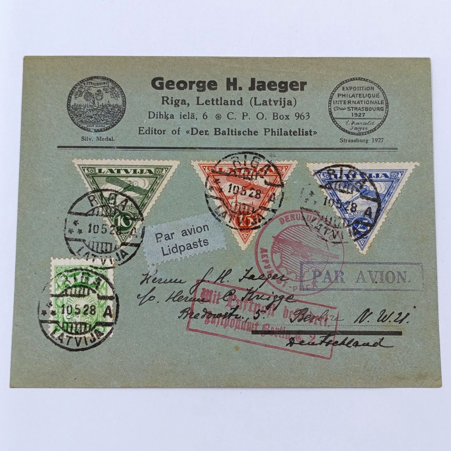Airmail cover Riga, LATVIA to Berlin, Germany with 4 stamps cancelled 10-5-1928 various cachets