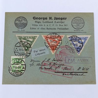 Airmail cover Riga, LATVIA to Berlin, Germany with 4 stamps cancelled 10-5-1928 various cachets