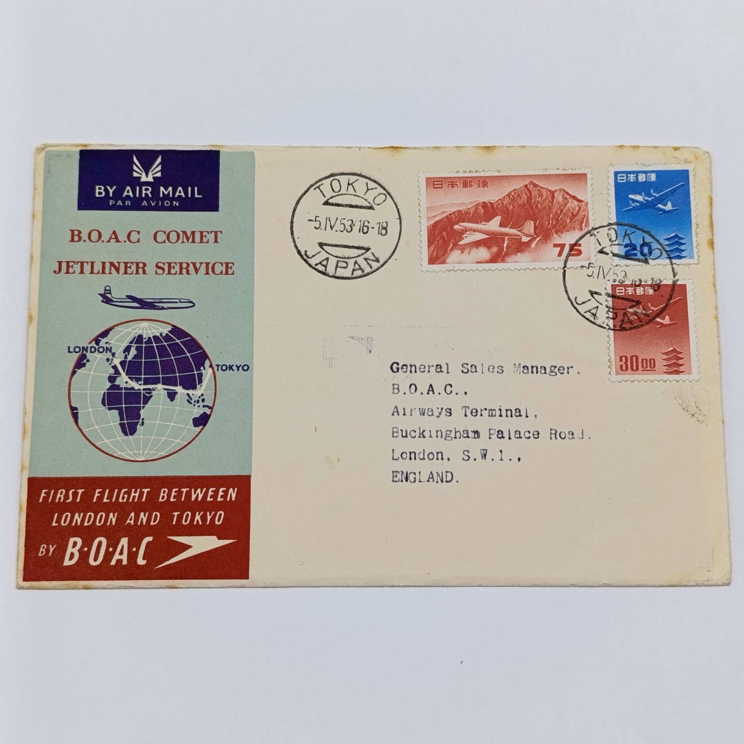 First Flight cover Tokyo, Japan to London, England 5-4-1953 - BOAC COMET Jetliner Service