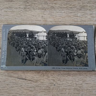 Boer War stereoscope card #11856 British troops entering Pretoria
