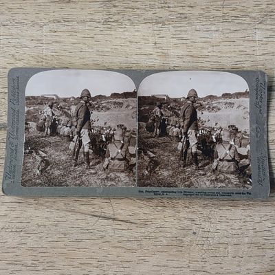 Boer War stereoscope card - Gen. Pole-Carew commanding 11th  Division, watching troops and transports crossing the Vet River