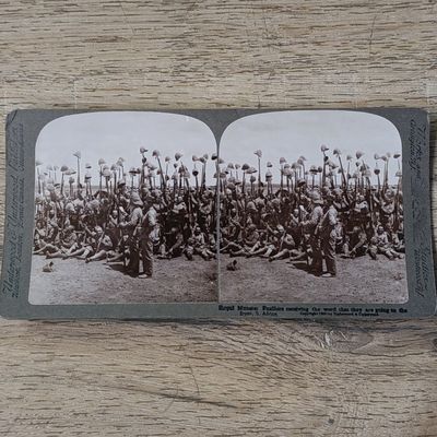 Boer War stereoscope card - Royal Munster Fusiliers receiving the word that they are going to the Front, South Africa