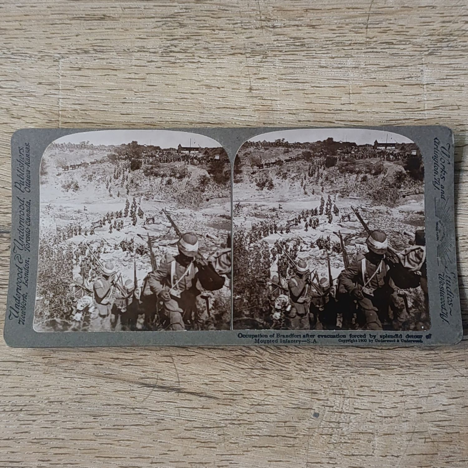 Boer War stereoscope card - Occupation of Brandfort after evacuation forced by splendid detour of mounted infantry