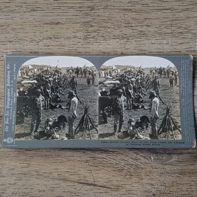 Boer War stereoscope card #11814 British Cavalry Halt on the veldt before the Advance on Pretoria, South Africa