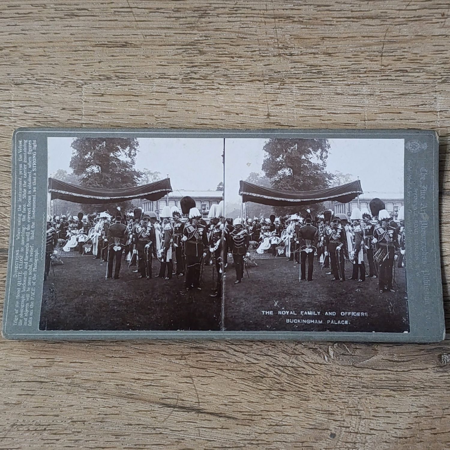 Royal family and officers at Backingham palace - antique stereocard
