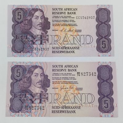 Pair of uncirculated R5 banknotes Gerhard de Kock and CL Stals