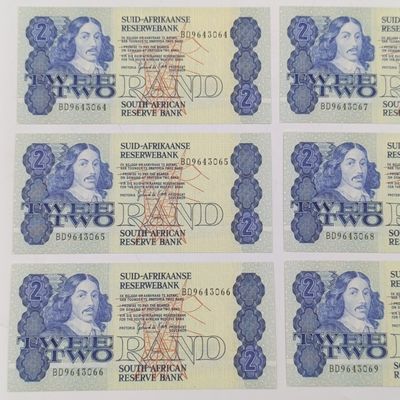 Gerhard de Kock Third issue lot of 6xR2 notes with consecutive numbers - uncirculated